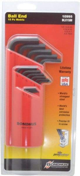 Bondhus - 15 Piece L-Key Ball End Hex Key Set - Hex Range 1.27 to 10mm - Exact Tool & Supply