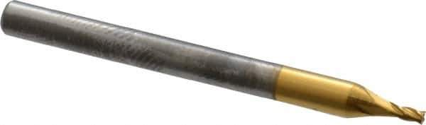 Atrax - 3/64", 9/64" LOC, 1/8" Shank Diam, 1-1/2" OAL, 4 Flute, Solid Carbide Square End Mill - Single End, TiN Finish, Spiral Flute, 30° Helix, Centercutting, Right Hand Cut, Right Hand Flute - Exact Tool & Supply