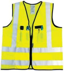 OccuNomix - Size 2XL High Visibility Yellow Solid Surveyor's Vest - 48 to 50" Chest, ANSI 107-2015, Zipper Closure, 12 Pockets, Polyester - Exact Tool & Supply