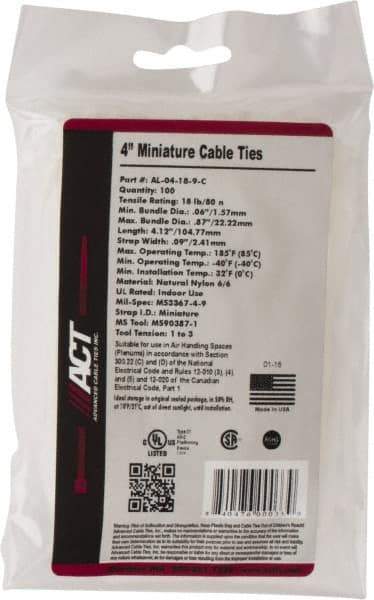 Made in USA - 4-1/8" Long Natural (Color) Nylon Standard Cable Tie - 18 Lb Tensile Strength, 1.07mm Thick, 22.23mm Max Bundle Diam - Exact Tool & Supply