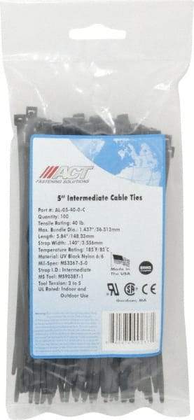 Made in USA - 5.84" Long Black Nylon Standard Cable Tie - 40 Lb Tensile Strength, 1.24mm Thick, 36.42mm Max Bundle Diam - Exact Tool & Supply