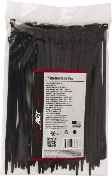 Made in USA - 7.562" Long Black Nylon Standard Cable Tie - 50 Lb Tensile Strength, 1.32mm Thick, 47.63mm Max Bundle Diam - Exact Tool & Supply