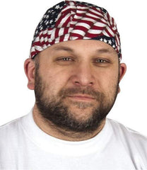OccuNomix - Size Universal Cooling Tie Hat - Cotton, Tie Closure, Blue, Red & White, Flag Pattern - Exact Tool & Supply