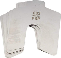 Made in USA - 20 Piece, 2 Inch Long x 2 Inch Wide x 0.002 Inch Thick, Slotted Shim Stock - Stainless Steel, 5/8 Inch Wide Slot - Exact Tool & Supply