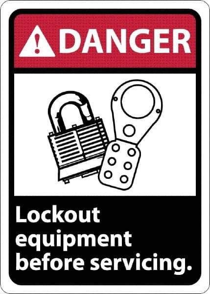 NMC - "Danger - Lock Out Equipment Before Servicing", 10" Long x 7" Wide, Rigid Plastic Safety Sign - Rectangle, 0.05" Thick, Use for Accident Prevention - Exact Tool & Supply