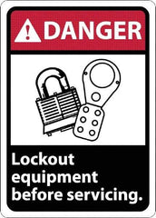 NMC - "Danger - Lock Out Equipment Before Servicing", 10" Long x 7" Wide, Rigid Plastic Safety Sign - Rectangle, 0.05" Thick, Use for Accident Prevention - Exact Tool & Supply