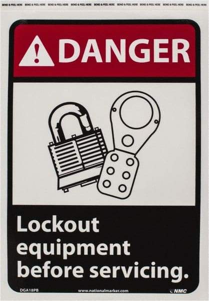 NMC - "Danger - Lock Out Equipment Before Servicing", 14" Long x 10" Wide, Pressure-Sensitive Vinyl Safety Sign - Rectangle, 0.004" Thick, Use for Accident Prevention - Exact Tool & Supply