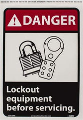 NMC - "Danger - Lock Out Equipment Before Servicing", 14" Long x 10" Wide, Pressure-Sensitive Vinyl Safety Sign - Rectangle, 0.004" Thick, Use for Accident Prevention - Exact Tool & Supply