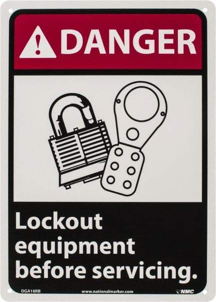 NMC - "Danger - Lock Out Equipment Before Servicing", 14" Long x 10" Wide, Rigid Plastic Safety Sign - Rectangle, 0.05" Thick, Use for Accident Prevention - Exact Tool & Supply