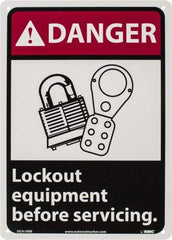 NMC - "Danger - Lock Out Equipment Before Servicing", 14" Long x 10" Wide, Rigid Plastic Safety Sign - Rectangle, 0.05" Thick, Use for Accident Prevention - Exact Tool & Supply
