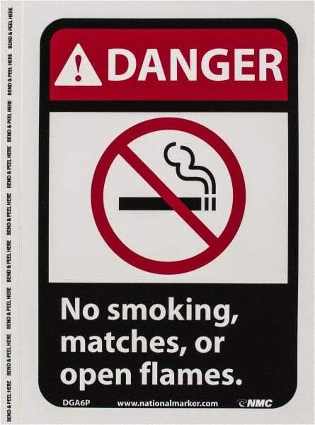 NMC - "Danger - No Smoking, Matches or Open Flames", 10" Long x 7" Wide, Pressure-Sensitive Vinyl Safety Sign - Rectangle, 0.004" Thick, Use for Accident Prevention - Exact Tool & Supply