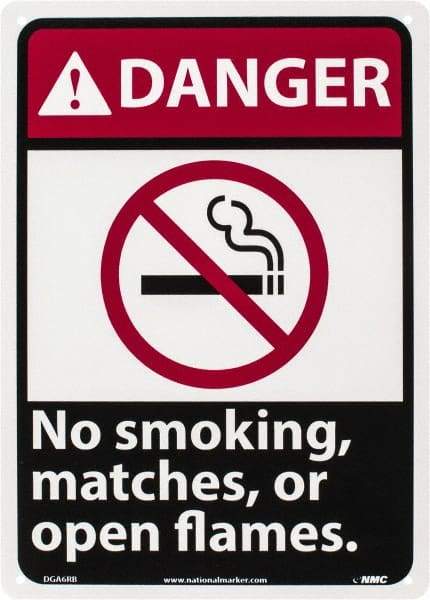 NMC - "Danger - No Smoking, Matches or Open Flames", 14" Long x 10" Wide, Rigid Plastic Safety Sign - Rectangle, 0.05" Thick, Use for Accident Prevention - Exact Tool & Supply