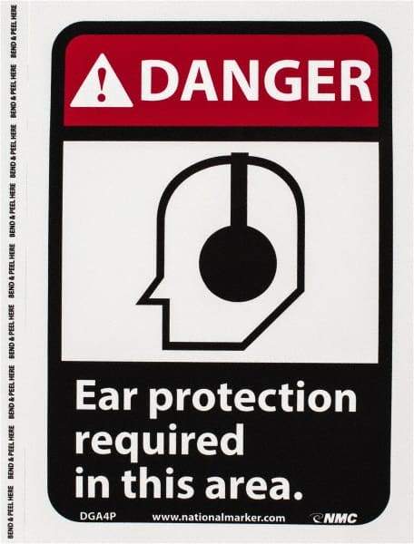 NMC - "Danger - Ear Protection Required in This Area", 10" Long x 7" Wide, Pressure-Sensitive Vinyl Safety Sign - Rectangle, 0.004" Thick, Use for Accident Prevention - Exact Tool & Supply