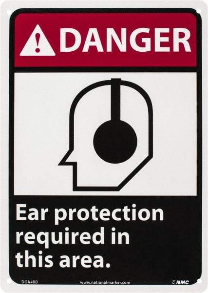 NMC - "Danger - Ear Protection Required in This Area", 14" Long x 10" Wide, Rigid Plastic Safety Sign - Rectangle, 0.05" Thick, Use for Accident Prevention - Exact Tool & Supply