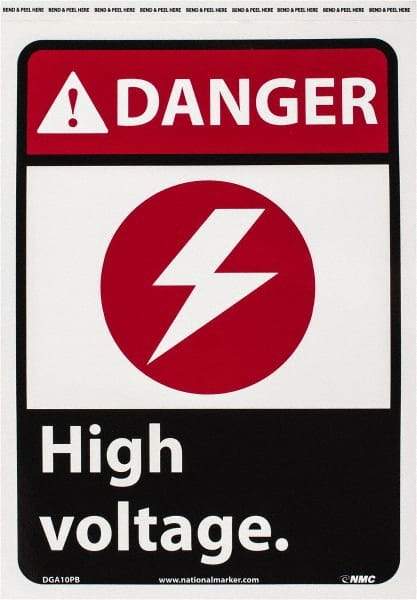 NMC - "Danger - High Voltage", 14" Long x 10" Wide, Pressure-Sensitive Vinyl Safety Sign - Rectangle, 0.004" Thick, Use for Accident Prevention - Exact Tool & Supply