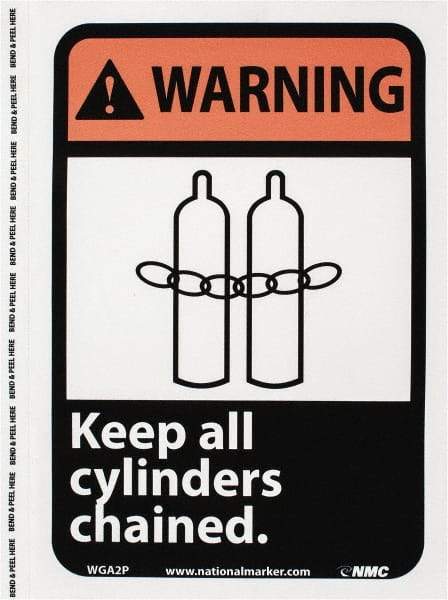 NMC - "Warning - Keep All Cylinders Chained", 10" Long x 7" Wide, Pressure-Sensitive Vinyl Safety Sign - Rectangle, 0.004" Thick, Use for Accident Prevention - Exact Tool & Supply