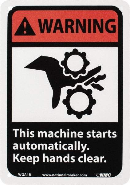NMC - "Warning - This Machine Starts Automatically - Keep Hands Clear", 10" Long x 7" Wide, Rigid Plastic Safety Sign - Rectangle, 0.05" Thick, Use for Accident Prevention - Exact Tool & Supply