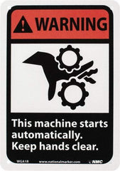 NMC - "Warning - This Machine Starts Automatically - Keep Hands Clear", 10" Long x 7" Wide, Rigid Plastic Safety Sign - Rectangle, 0.05" Thick, Use for Accident Prevention - Exact Tool & Supply