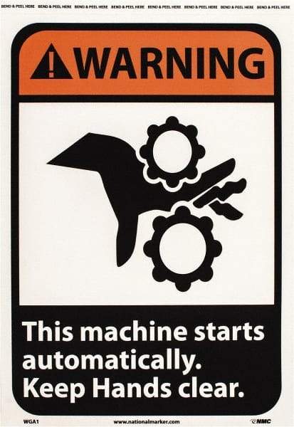 NMC - "Warning - This Machine Starts Automatically - Keep Hands Clear", 14" Long x 10" Wide, Pressure-Sensitive Vinyl Safety Sign - Rectangle, 0.004" Thick, Use for Accident Prevention - Exact Tool & Supply