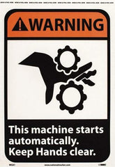 NMC - "Warning - This Machine Starts Automatically - Keep Hands Clear", 14" Long x 10" Wide, Pressure-Sensitive Vinyl Safety Sign - Rectangle, 0.004" Thick, Use for Accident Prevention - Exact Tool & Supply