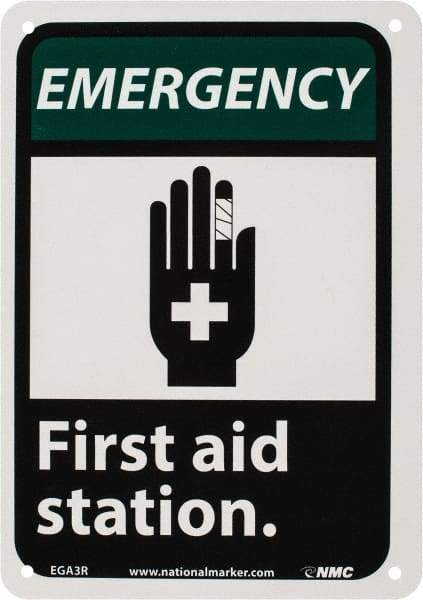 NMC - "Emergency - First Aid Station", 10" Long x 7" Wide, Rigid Plastic Safety Sign - Rectangle, 0.05" Thick, Use for First Aid - Exact Tool & Supply
