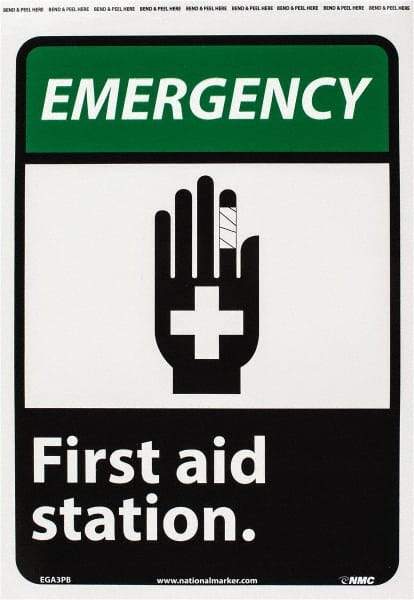 NMC - "Emergency - First Aid Station", 14" Long x 10" Wide, Pressure-Sensitive Vinyl Safety Sign - Rectangle, 0.004" Thick, Use for First Aid - Exact Tool & Supply