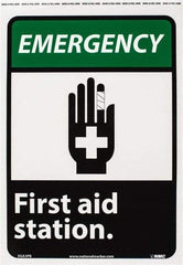 NMC - "Emergency - First Aid Station", 14" Long x 10" Wide, Pressure-Sensitive Vinyl Safety Sign - Rectangle, 0.004" Thick, Use for First Aid - Exact Tool & Supply