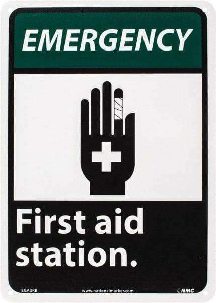 NMC - "Emergency - First Aid Station", 14" Long x 10" Wide, Rigid Plastic Safety Sign - Rectangle, 0.05" Thick, Use for First Aid - Exact Tool & Supply