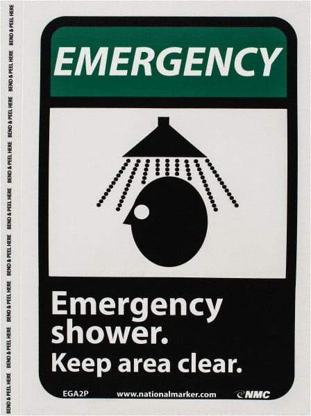 NMC - "Emergency - Emergency Shower - Keep Area Clear", 10" Long x 7" Wide, Pressure-Sensitive Vinyl Safety Sign - Rectangle, 0.004" Thick, Use for First Aid - Exact Tool & Supply