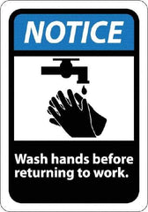 NMC - "Notice - Wash Hands Before Returning to Work", 10" Long x 7" Wide, Rigid Plastic Safety Sign - Rectangle, 0.05" Thick, Use for Restroom, Janitorial & Housekeeping - Exact Tool & Supply