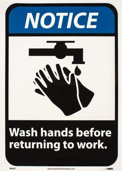 NMC - "Notice - Wash Hands Before Returning to Work", 14" Long x 10" Wide, Pressure-Sensitive Vinyl Safety Sign - Rectangle, 0.004" Thick, Use for Restroom, Janitorial & Housekeeping - Exact Tool & Supply