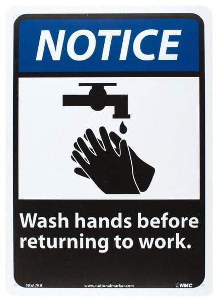 NMC - "Notice - Wash Hands Before Returning to Work", 14" Long x 10" Wide, Rigid Plastic Safety Sign - Rectangle, 0.05" Thick, Use for Restroom, Janitorial & Housekeeping - Exact Tool & Supply