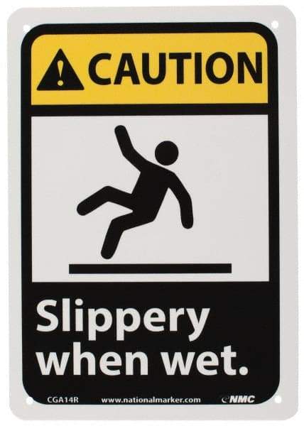 NMC - "Caution - Slippery When Wet", 10" Long x 7" Wide, Rigid Plastic Safety Sign - Rectangle, 0.05" Thick, Use for Accident Prevention - Exact Tool & Supply