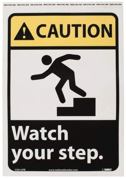 NMC - "Caution - Watch Your Step", 14" Long x 10" Wide, Pressure-Sensitive Vinyl Safety Sign - Rectangle, 0.004" Thick, Use for Accident Prevention - Exact Tool & Supply