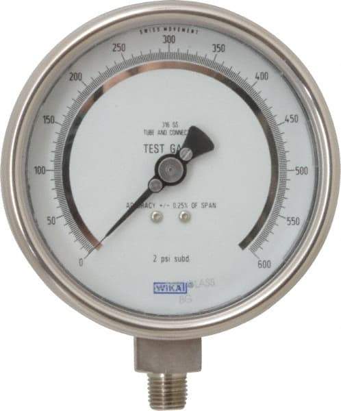 Wika - 4" Dial, 1/4 Thread, 0-600 Scale Range, Pressure Gauge - Lower Connection Mount, Accurate to 0.25% of Scale - Exact Tool & Supply