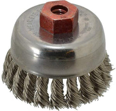 Anderson - 2-3/4" Diam, M10x1.50 Threaded Arbor, Stainless Steel Fill Cup Brush - 0.02 Wire Diam, 3/4" Trim Length, 14,000 Max RPM - Exact Tool & Supply