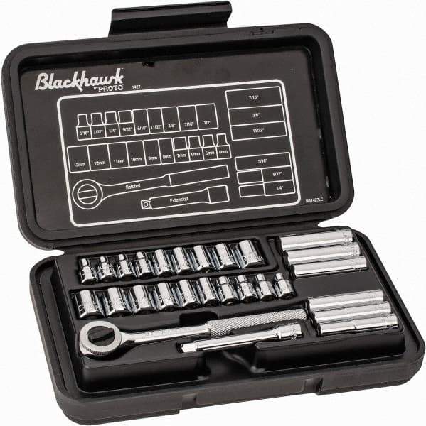Blackhawk by Proto - 27 Piece 1/4" Drive Deep Well Socket Set - 6, 12 Points, 3/16" to 1/2" (4mm to 13mm) Range, Inch/Metric Measurement Standard - Exact Tool & Supply