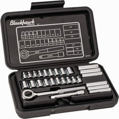 Blackhawk by Proto - 27 Piece 1/4" Drive Deep Well Socket Set - 6, 12 Points, 3/16" to 1/2" (4mm to 13mm) Range, Inch/Metric Measurement Standard - Exact Tool & Supply