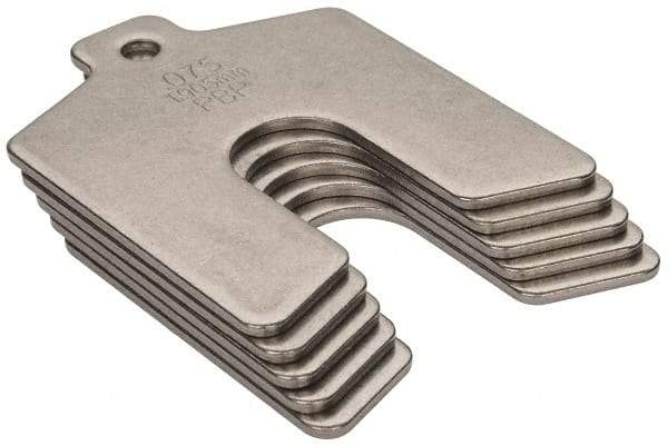 Made in USA - 5 Piece, 2 Inch Long x 2 Inch Wide x 0.075 Inch Thick, Slotted Shim Stock - Stainless Steel, 5/8 Inch Wide Slot - Exact Tool & Supply