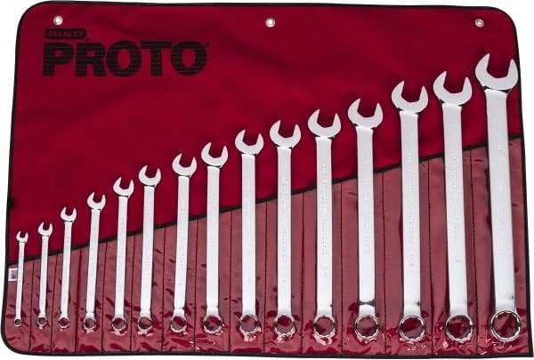 Proto - 15 Piece, 5/16" to 1-1/4", 12 Point Combination Wrench Set - Inch Measurement Standard, Full Polish Finish, Comes in Vinyl Roll - Exact Tool & Supply