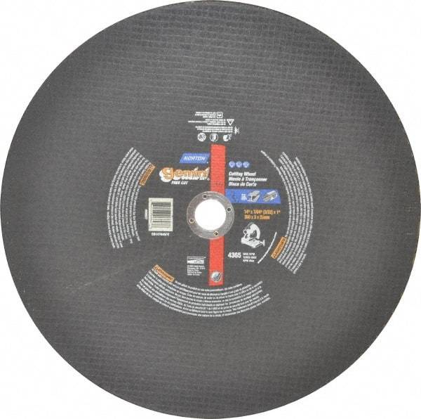 Norton - 14" Aluminum Oxide Cutoff Wheel - 3/32" Thick, 1" Arbor, 4,365 Max RPM, Use with Stationary Tools - Exact Tool & Supply
