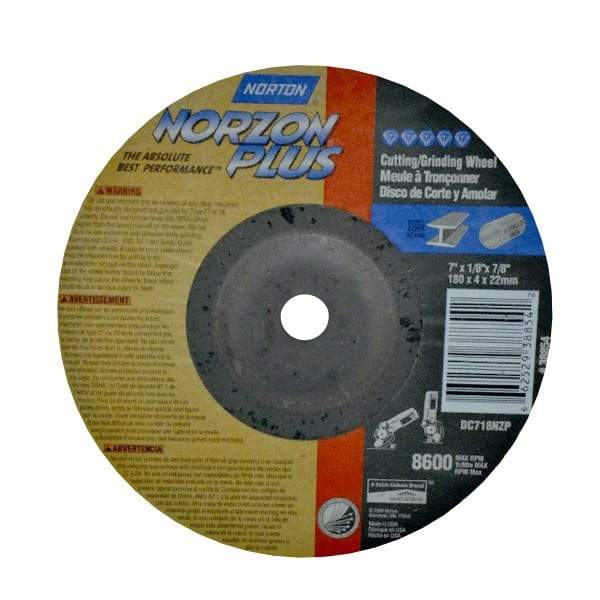 Norton - 7" Wheel Diam, 1/8" Wheel Thickness, 7/8" Arbor Hole, Type 27 Depressed Center Wheel - Ceramic, 8,600 Max RPM, Compatible with Angle Grinder - Exact Tool & Supply