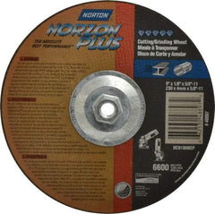 Norton - 9" Wheel Diam, 1/8" Wheel Thickness, Type 27 Depressed Center Wheel - Ceramic, 6,600 Max RPM, Compatible with Angle Grinder - Exact Tool & Supply
