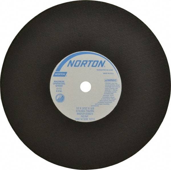 Norton - 10" 36 Grit Aluminum Oxide Cutoff Wheel - 3/32" Thick, 5/8" Arbor, 6,110 Max RPM, Use with Stationary Tools - Exact Tool & Supply
