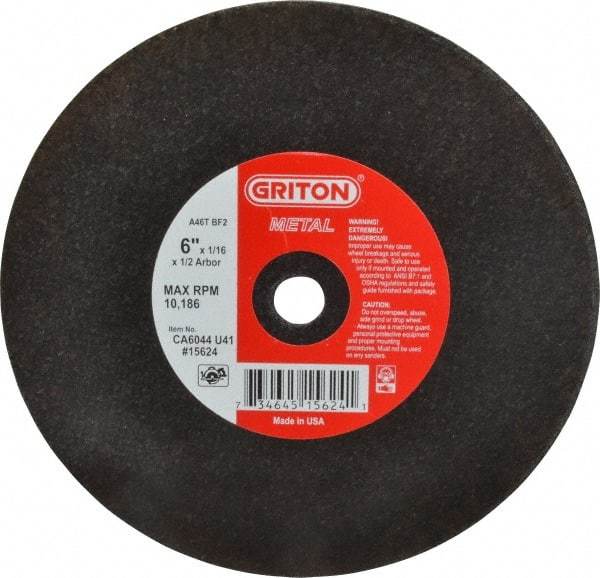 Made in USA - 6" 46 Grit Aluminum Oxide Cutoff Wheel - 1/16" Thick, 1/2" Arbor, 10,186 Max RPM, Use with Circular Saws - Exact Tool & Supply