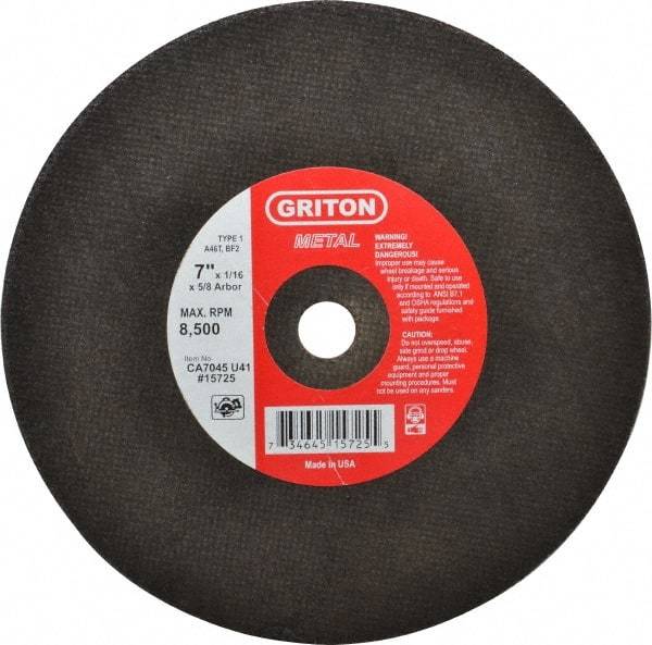 Made in USA - 7" 46 Grit Aluminum Oxide Cutoff Wheel - 1/16" Thick, 5/8" Arbor, 8,732 Max RPM, Use with Circular Saws - Exact Tool & Supply