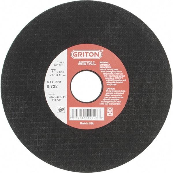 Value Collection - 7" 46 Grit Aluminum Oxide Cutoff Wheel - 1/16" Thick, 1-1/4" Arbor, 8,732 Max RPM, Use with Stationary Tools - Exact Tool & Supply
