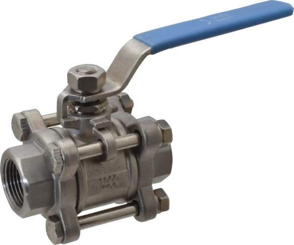 Midwest Control - 3/4" Pipe, Full Port, Stainless Steel Standard Ball Valve - 3 Piece, Inline - One Way Flow, FNPT x FNPT Ends, Lever Handle - Exact Tool & Supply