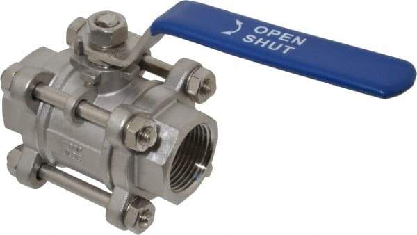 Midwest Control - 1" Pipe, Full Port, Stainless Steel Standard Ball Valve - 3 Piece, Inline - One Way Flow, FNPT x FNPT Ends, Lever Handle - Exact Tool & Supply