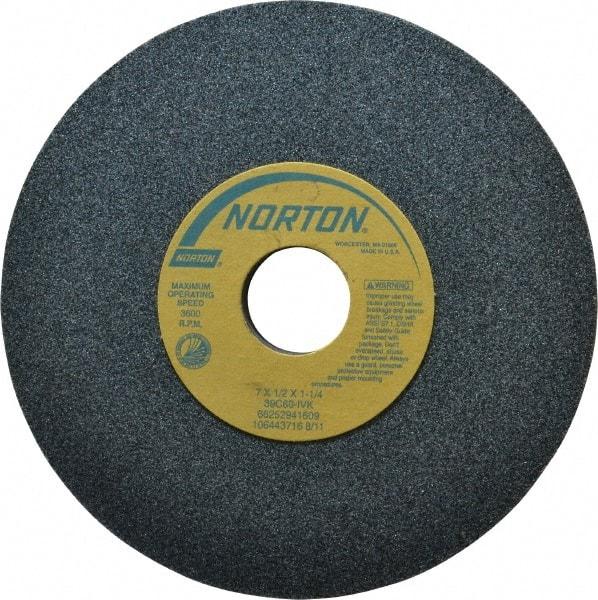 Norton - 7" Diam x 1-1/4" Hole x 1/2" Thick, I Hardness, 60 Grit Surface Grinding Wheel - Silicon Carbide, Type 1, Medium Grade, 3,600 Max RPM, Vitrified Bond, No Recess - Exact Tool & Supply
